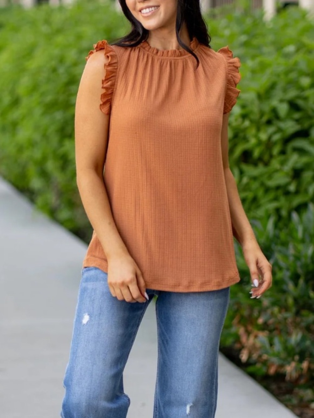 ShopEvelynne Ruffled Sleeveless Top - Rust Orange